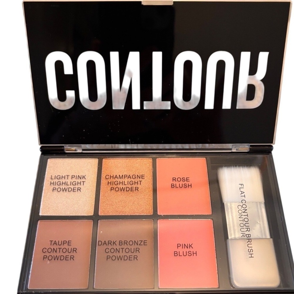 6-Pan Contour Highlight and Blush Face Palette with Flat Contour Brush Black